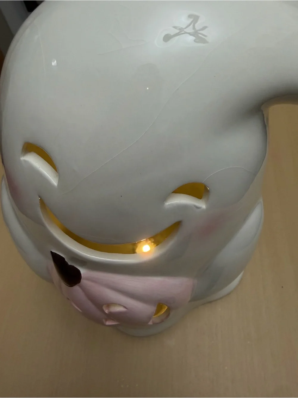 Lighted Ceramic White Ghost with Pink Pumpkin Halloween Accent